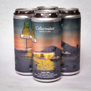 Four tall cans of Juice Kiosk - Hazy IPA, featuring neon-lit juice stand artwork with pineapples in a sunset desert landscape.
