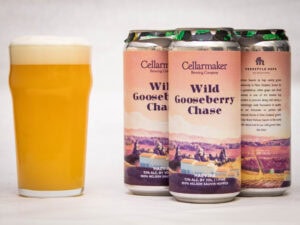 A hazy pint of beer sits beside three cans of Wild Gooseberry Chase - Hazy IPA, each featuring colorful landscape artwork and detailed labels.