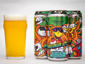 A pint glass of golden beer sits next to four colorful cans of Wild Gooseberry Chase - Hazy IPA, featuring cartoon animals in sunglasses eating pizza on the vibrant labels.
