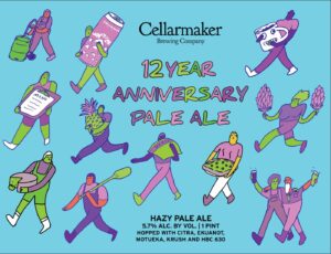 Colorful cartoon characters with beer, food, and hops surround text reading "Moonage Daydream - Hazy Pale Ale." Below are details about the hazy pale ale's hops, ABV, and pint size set against a blue background.