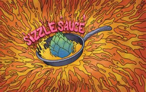 A frying pan with green leaves inside splashes bright orange and yellow liquid outward. Above the pan, bold pink comic style text reads "TRIPLE DOBIS - HAZY TRIPLE IPA.