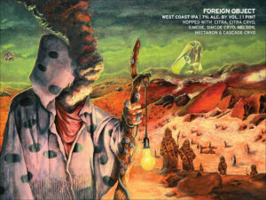 A surreal painting of a faceless figure in a polka-dot cloak, smoke swirling from its head, holding a staff with shells and a glowing bulb. Set in a red, alien desert with odd rocks. Text features Triple Dobis - Hazy Triple IPA.