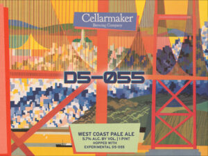 Abstract, colorful illustration of a bridge with “Cellarmaker Brewing Company” sign and large text “Triple Dobis.” Below, a label describes a Hazy Triple IPA hopped with DS-055.