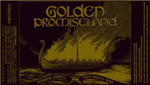 Golden Promiseland beer label featuring a Viking ship on fire at sea, identifying the drink as a bourbon barrel-aged barley wine.
