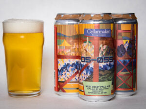 A pint glass of pale yellow beer with a foamy head sits next to three colorful cans of Foreign Object - WC IPA - TDNE Collab, featuring bright, abstract pixel art designs.