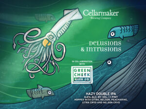 The illustrated label for "Nothing's Funner than Fun - WC IPA" features a large, wide-eyed squid reaching for fish underwater. This West Coast IPA is a collaboration between Cellarmaker Brewing Co. and Green Cheek Beer Co.