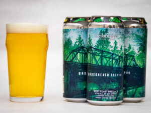 A hazy pint of Tiny Dankster Hazy Pale Ale sits next to three cans from Cellarmaker Brewing Co., featuring pine forest and bridge artwork.