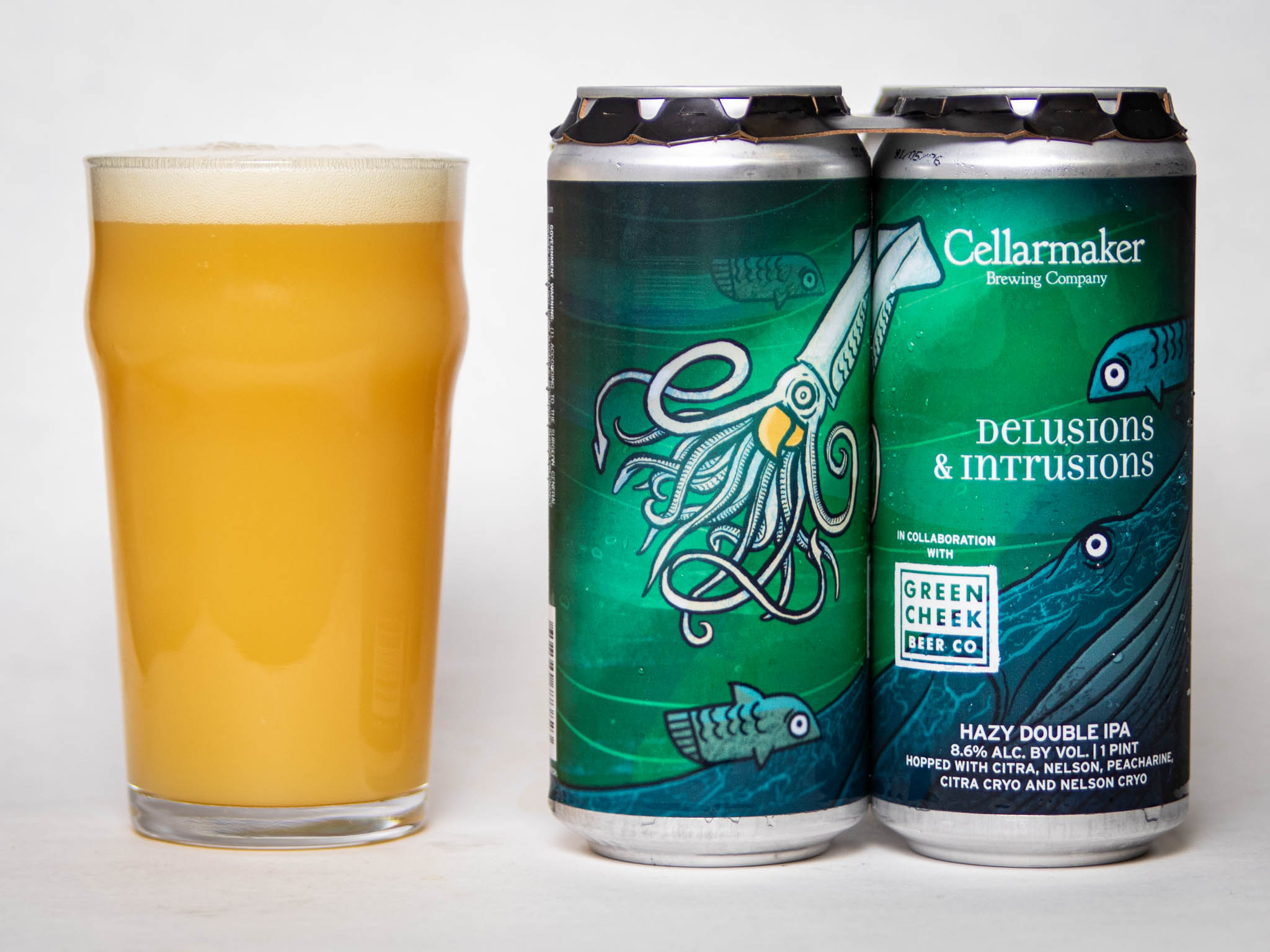 A Glass Of Hazy Yellow Beer Sits Next To Two Cans Labeled “Cellarmaker Brewing Company Delusions &Amp;Amp; Intrusions,” Featuring An Illustrated Squid On A Green Background.
