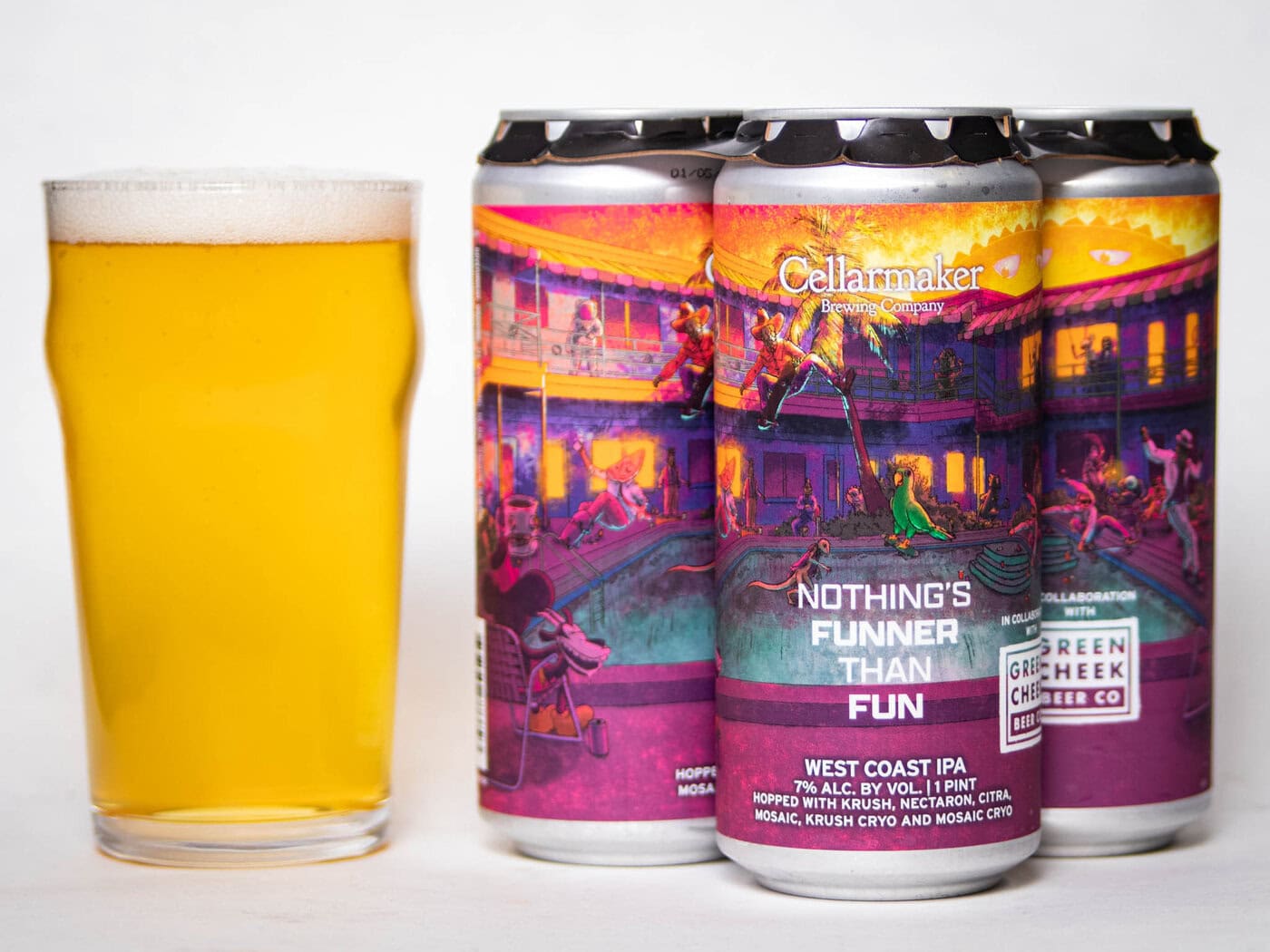 A Glass Of Hazy Yellow Beer Stands Beside Three Colorful Cans Of Cellarmaker Brewing Company'S &Quot;Nothing'S Funner Than Fun&Quot; West Coast Ipa, Featuring Vibrant, Playful Artwork On The Labels.