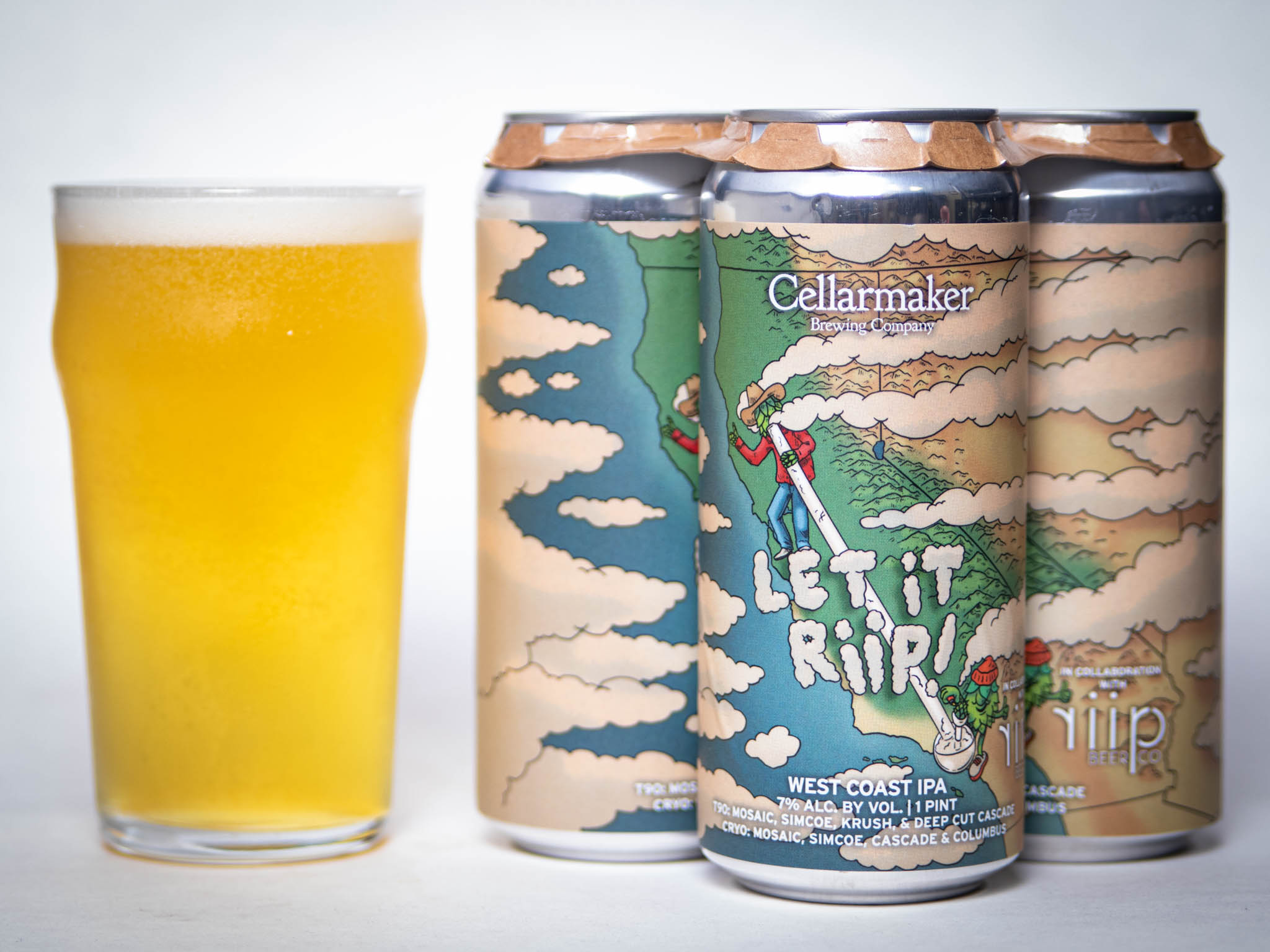 A Pint Glass Of Hazy Yellow Beer Sits Next To Three Cans Of Dank Williams Shirt (Copy), Featuring Colorful Illustrated Labels With Mountains, Rivers, And Cartoon Characters.