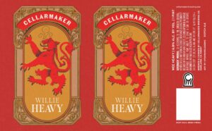 Two identical labels for Willie Heavy - Wee Heavy Scotch Ale featuring a red lion rampant on a gold shield, with the text “CELLARMAKER” at the top and “WILLIE HEAVY” at the bottom.