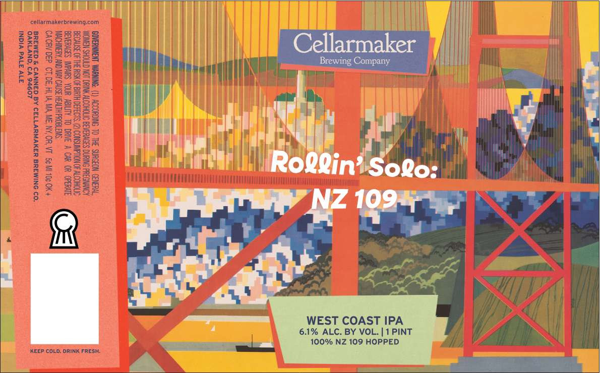 Colorful Label For Cellarmaker Brewing Company’s Rollin’ Solo: Nz 109 West Coast Ipa, Featuring Geometric Art Of A Bridge And Landscape; Beer Details And Company Info Are Displayed On The Label.