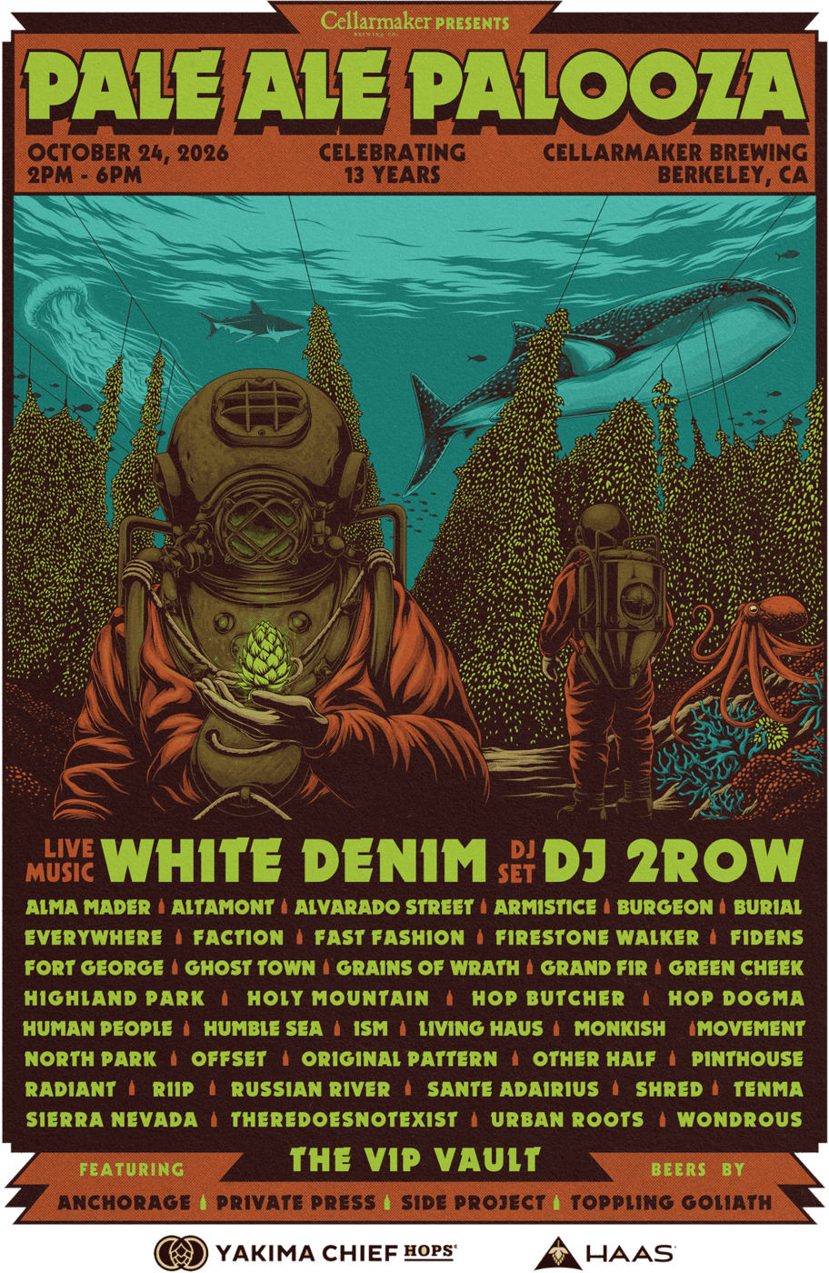 Poster For “Pale Ale Palooza” Featuring White Suited Figures With Beer Kegs In A Forest. Event Details, Bands, And Sponsors Are Listed In Colorful, Bold Text On An Orange-Yellow Background.