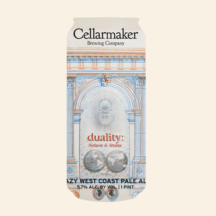 A Can Of Cellarmaker Brewing Company’s Duality: Nelson &Amp; Strata Hazy West Coast Pale Ale, Featuring Intricate Architectural Artwork In Light Blue And Orange Tones On A White Background.