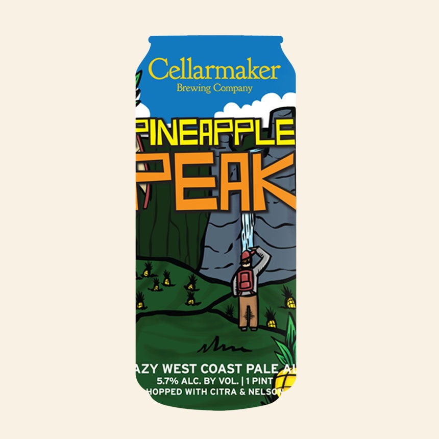 A Can Of Cellarmaker Brewing Company’s Pineapple Peak Beer, Featuring A Hiker With A Backpack Facing A Cliff And Waterfall, Surrounded By Greenery And Pineapple Illustrations.