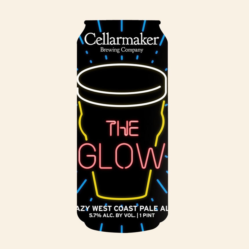 A Can Of Cellarmaker Brewing Company’s “The Glow” Hazy West Coast Pale Ale, Featuring Neon-Style Artwork Of A Beer Glass And Glowing Text On A Black Background.