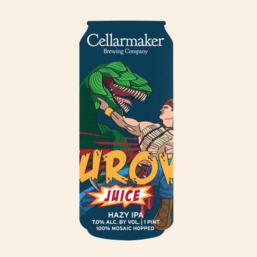 A Beer Can Labeled “Cellarmaker Brewing Company” Features Art Of A Man Fighting A Green Dinosaur, With Bold Text “Juice,” “Hazy Ipa,” And Beer Details At The Bottom.