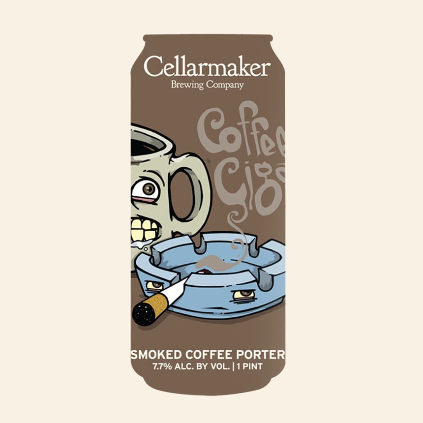 A Beer Can Labeled “Cellarmaker Brewing Company” Features Cartoon Art Of A Mug And Ashtray With Faces. Text Reads “Coffee Ciggs” And “Smoked Coffee Porter, 7.7% Alc. By Vol., 1 Pint.”.
