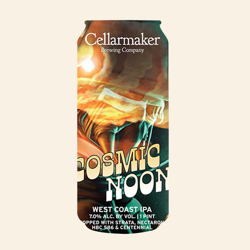 A Can Of Cellarmaker Brewing Company’s “Cosmic Noon” West Coast Ipa Featuring Colorful, Cosmic-Themed Artwork And Text Detailing Hops Used: Strata, Nectaron, Hbc 586 &Amp; Centennial.