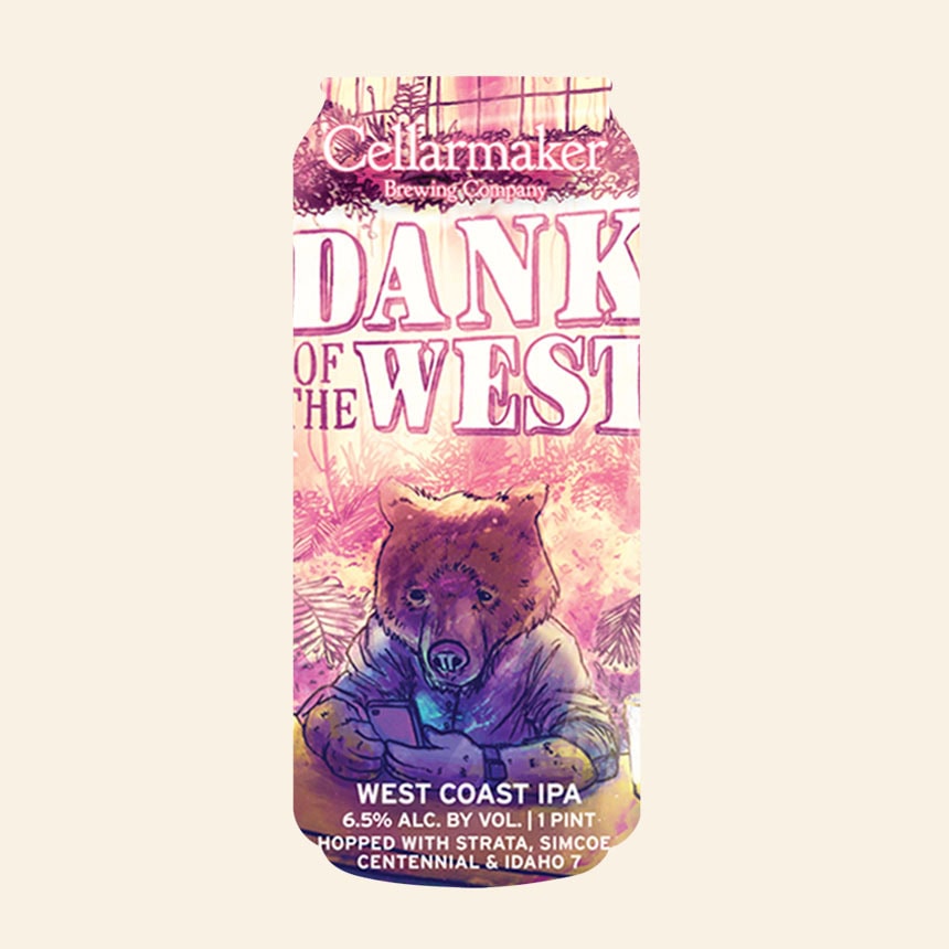 A Can Of Cellarmaker Brewing Company’s “Dank Of The West” West Coast Ipa, Featuring An Illustrated Bear Wearing A Jacket With Trees And Mountains In The Background.