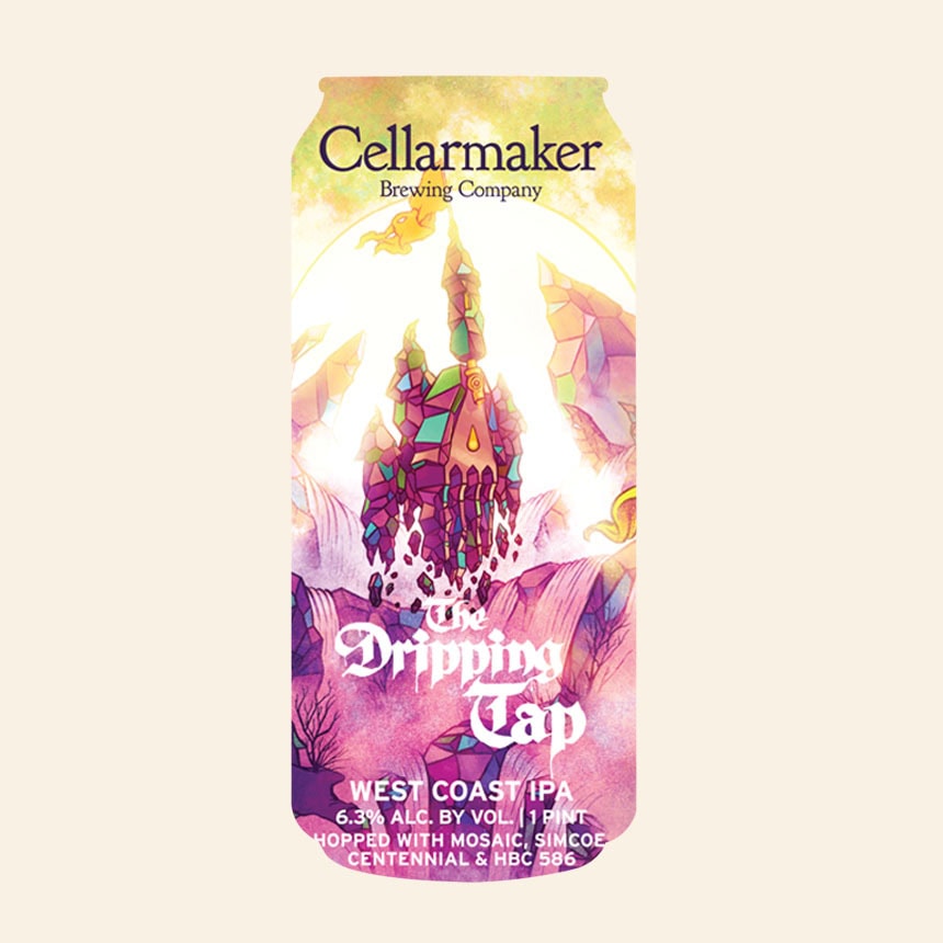 A Colorful Beer Can Labeled “Cellarmaker Brewing Company The Dripping Tap” Features Floating Rocks With Dripping Liquid And Abstract Background Art. It’s A West Coast Ipa, 6.3% Abv, Hopped With Mosaic, Simcoe, Centennial, And Hbc 586.