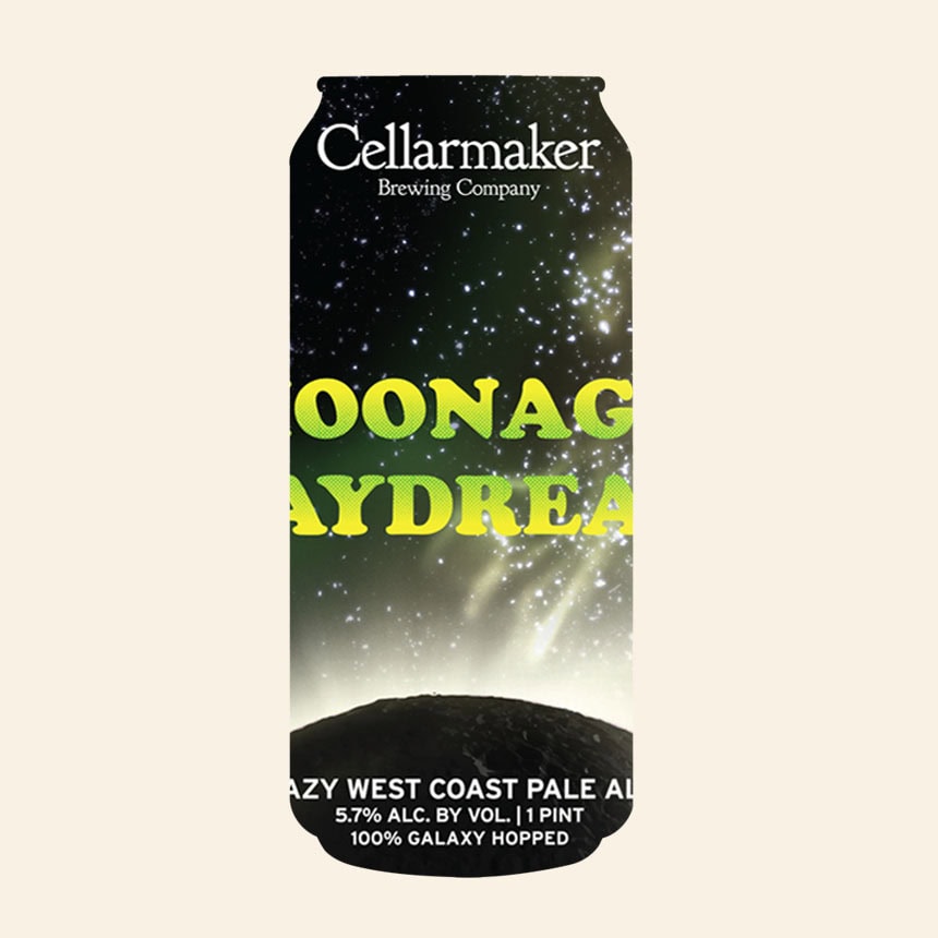 A Can Of Cellarmaker Brewing Company’s “Moonage Daydream” Hazy West Coast Pale Ale, Featuring A Starry Night Sky Over A Dark Moon Surface, With Bold Yellow And Green Text.