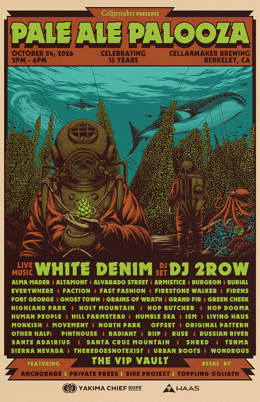 Poster For “Pale Ale Palooza” Featuring Two Divers In Vintage Suits Underwater. Event Details, Band Lineup, And Sponsor Logos Are Shown Around Them. The Overall Color Scheme Is Earthy With Yellow And Green Hues.