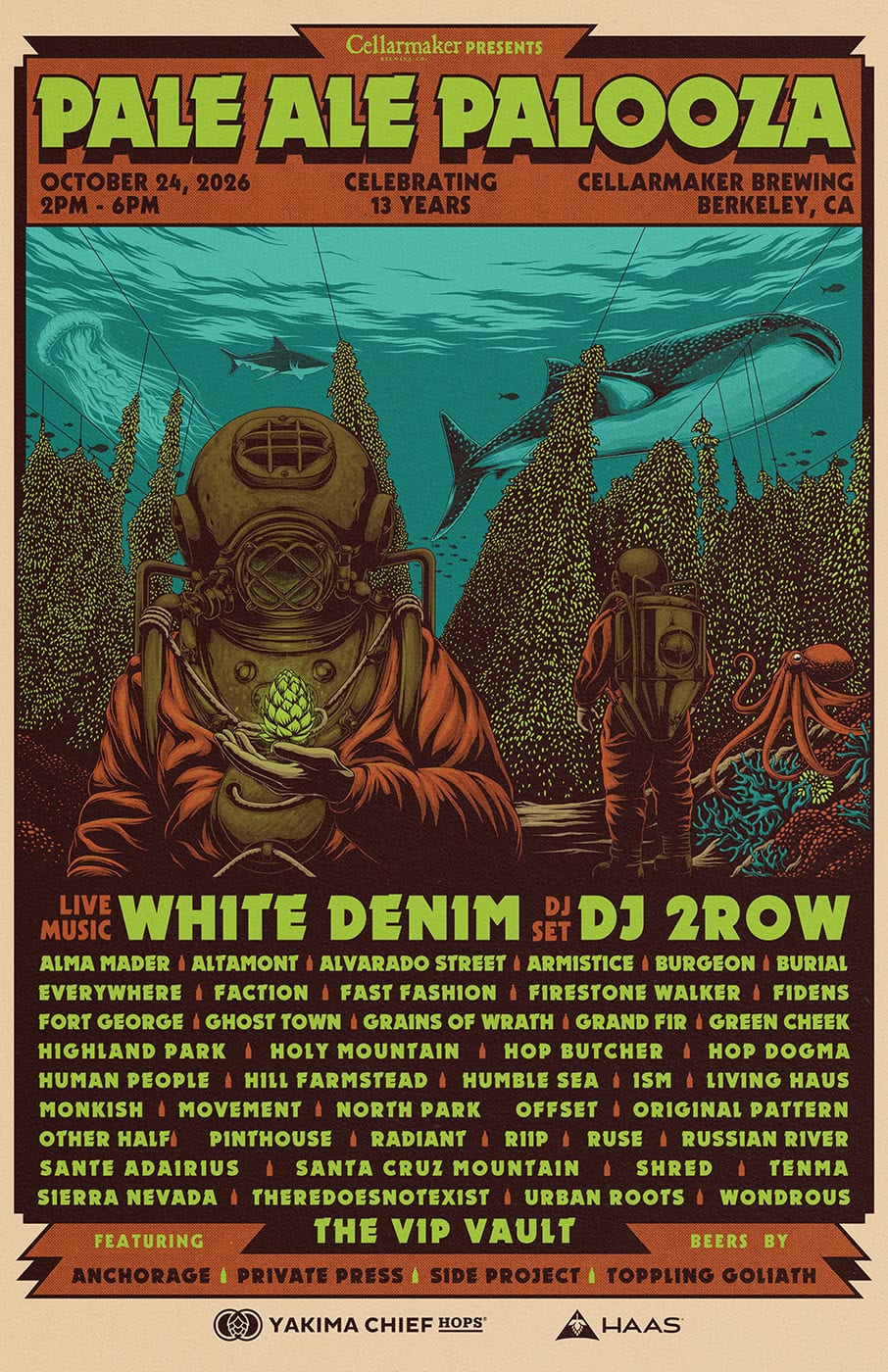 Poster For “Pale Ale Palooza” Featuring Two Divers In Vintage Suits Underwater. Event Details, Band Lineup, And Sponsor Logos Are Shown Around Them. The Overall Color Scheme Is Earthy With Yellow And Green Hues.