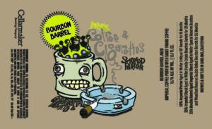 Golden Promiseland (Copy) beer label illustration featuring a cartoon character with a crown and jagged teeth sitting in a mug with a cigarette, with technical product details and government warnings printed on the sides.